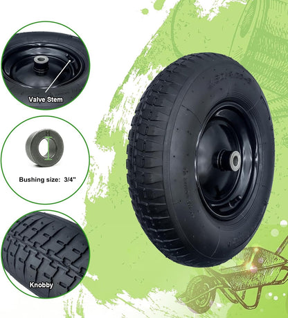 2-Pack 4.80/4.00-8" Pneumatic Wheelbarrow Wheel and Tires with 3"- 6" Center Hub and 3/4" Bushings for Wheelbarrow and Yard Cart Garden Wagon, Black