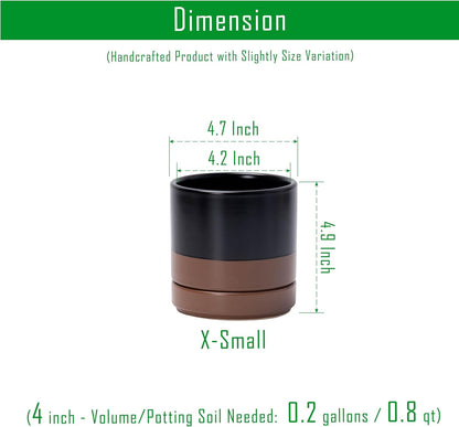 D'vine Dev Set of 4 Small Ceramic Plant Pots, 4.7 Inch Succulent Planter Pot for Plants with Drainage Hole and Saucer, Black/Speckled Tan, 94-X-B-7