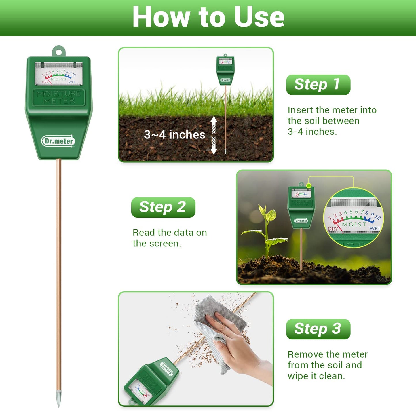 Dr.meter Soil Moisture Meter for Plants, Plant Water Gauge Test Kit