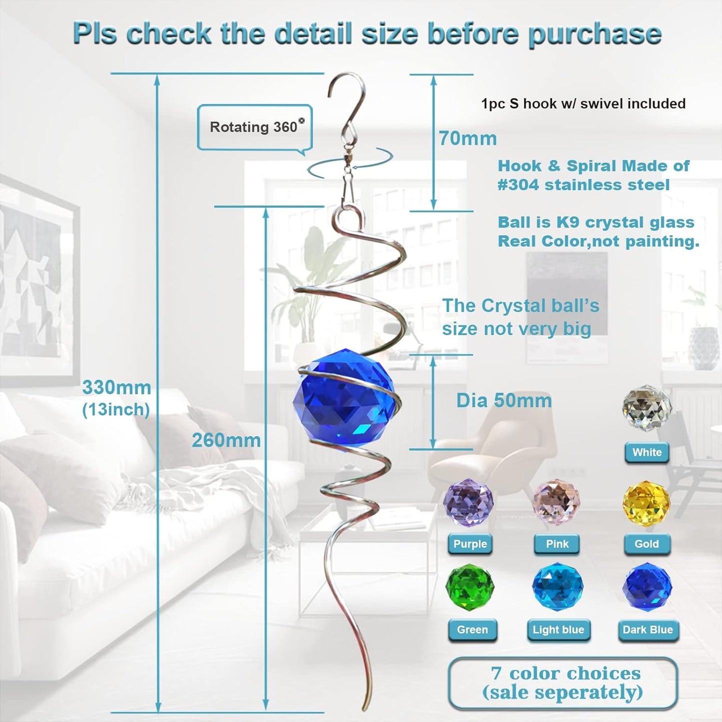 FONMY Gazing Ball Spiral Tail -Decorative Wind Spinner Sun Catcher Rainbow Maker 11 inch Tail and 2 inch Dark Blue Crystal Orb. Indoor Outdoor Garden Decoration -13 inch Height