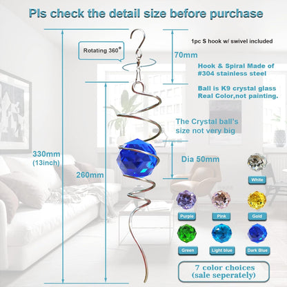 FONMY Gazing Ball Spiral Tail -Decorative Wind Spinner Sun Catcher Rainbow Maker 11 inch Tail and 2 inch Dark Blue Crystal Orb. Indoor Outdoor Garden Decoration -13 inch Height