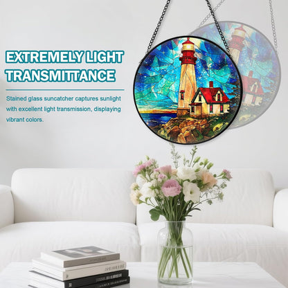 Lighthouse Stained Glass Window Hanging, Suncatcher Diamond Glass Panel Hangings, Suncatchers Indoor Windows Wall Art Decor, Gift for Mom Grandma, Christmas Decor for Home Office Garden 7.87 inches