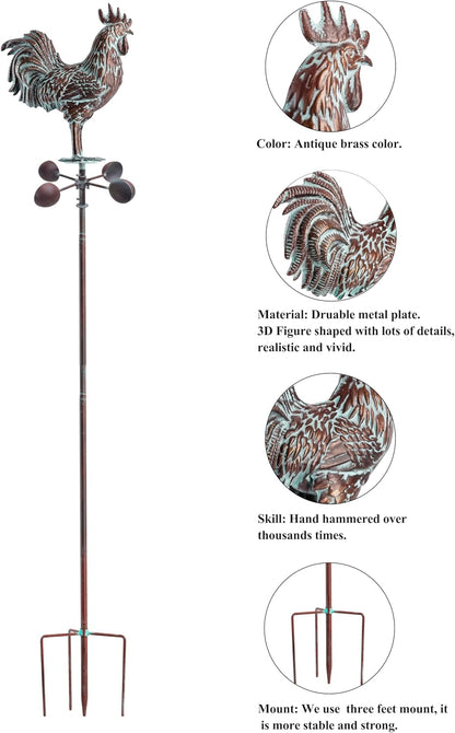 Metal Wind Spinner Rooster Décor Garden Statue 79" Antique Copper Chicken Yard Art Sculpture Outdoor Kinetic Garden Stake for Patio,Lawn,Country Cottage,Farm