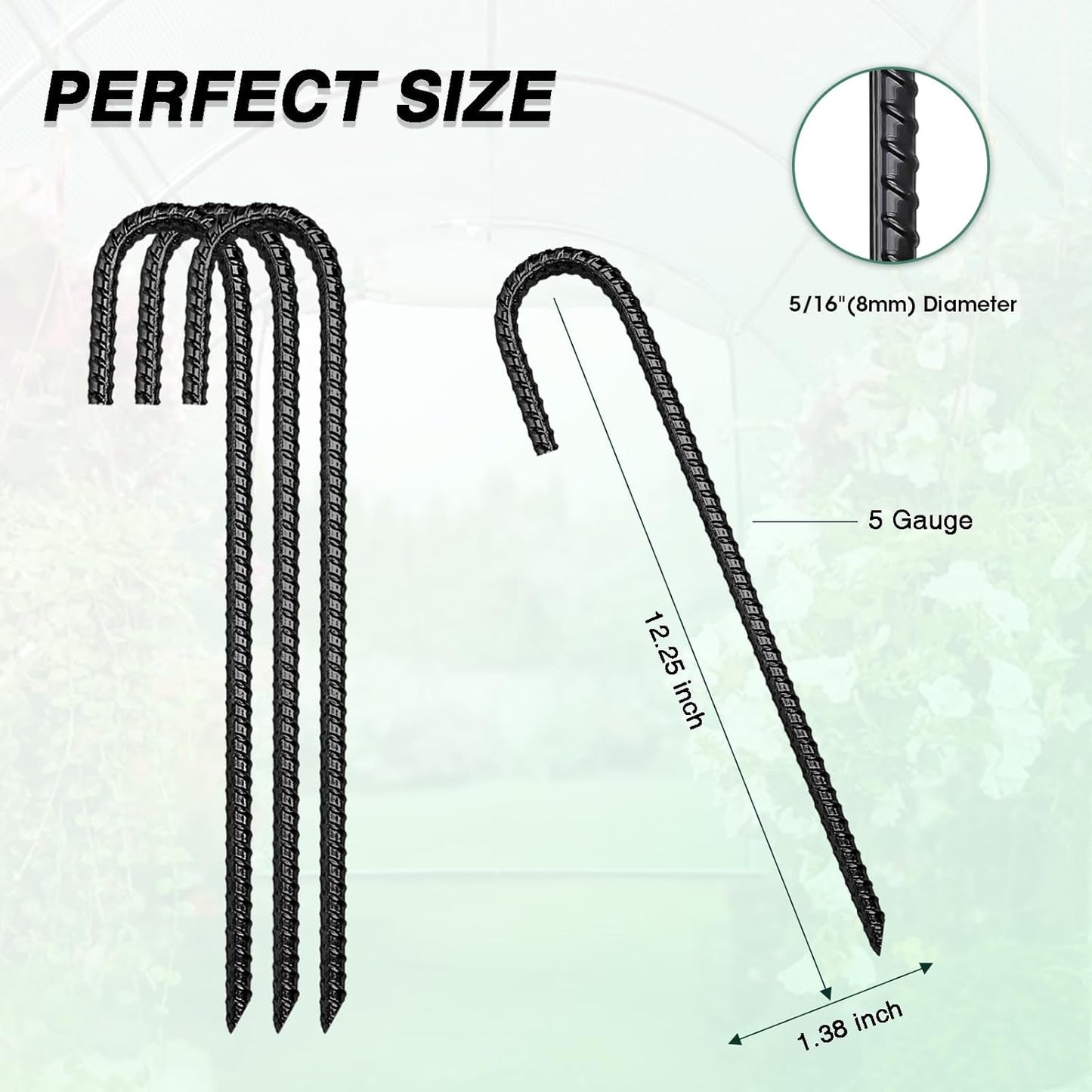 12 Inch Rebar Stakes Heavy Duty, 10 Pack Garden Stake J-Hook, Electrostatic Rust Proof Metal Stakes for Tent, Landscape,Outdoor Decorations, Fabric Ground Cover, Tube Fixing (Black, J-12in-10pc)