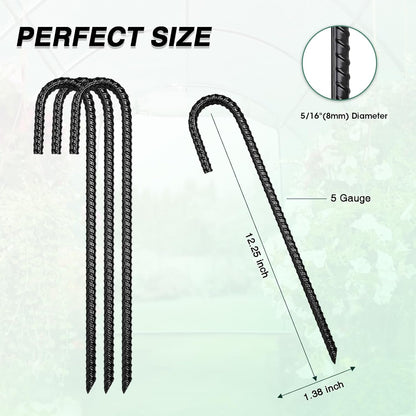 12 Inch Rebar Stakes Heavy Duty, 10 Pack Garden Stake J-Hook, Electrostatic Rust Proof Metal Stakes for Tent, Landscape,Outdoor Decorations, Fabric Ground Cover, Tube Fixing (Black, J-12in-10pc)