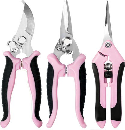 3 Pack Garden Pruning Shears, Stainless Steel Shears, Gardening Shears, Scissors, Garden Clippers, Pruning Snips, Pruning Shears for Gardening Tools (Pink)