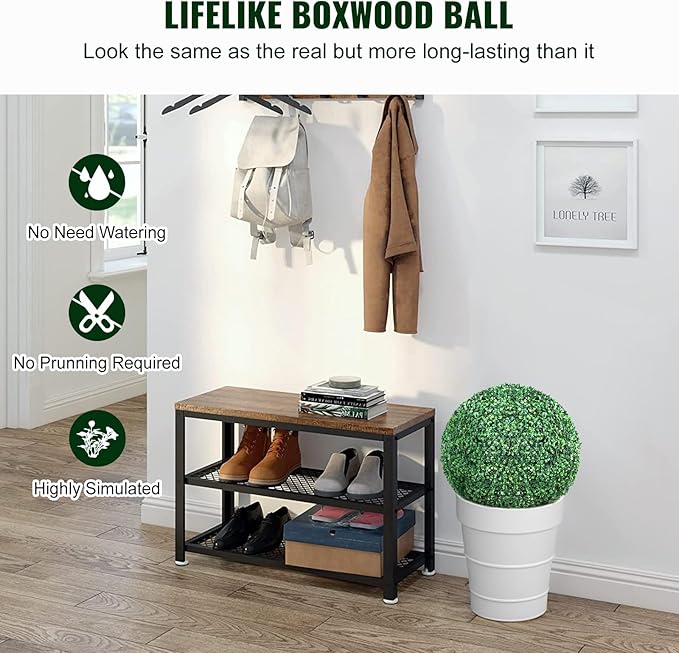VEVOR 2 Pcs 20” Artificial Plant Topiary Ball, Faux Boxwood Balls with 2 LED Light String, All-Year Green Faux Plant Decorative Balls for Backyard, Balcony,Garden, Wedding and Home Décor