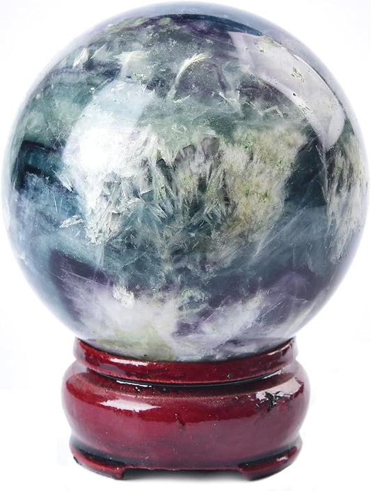 JIC Gem Natural Feather Fluorite Crystal Ball Round Healing Crystals Decorative Sphere with Wooden Stand Meditation Home Decor 2.3-2.7 inch (60-70mm)
