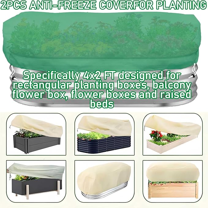 2 Pack Plant Covers Freeze Protection for Raised Beds Rectangular Planter Frost Fabric with Drawstring 2.82oz/yd² Reusable Raised Beds Frost Cloth for Winter Outdoor Plants (Green,for Cover a 4x2x1ft)