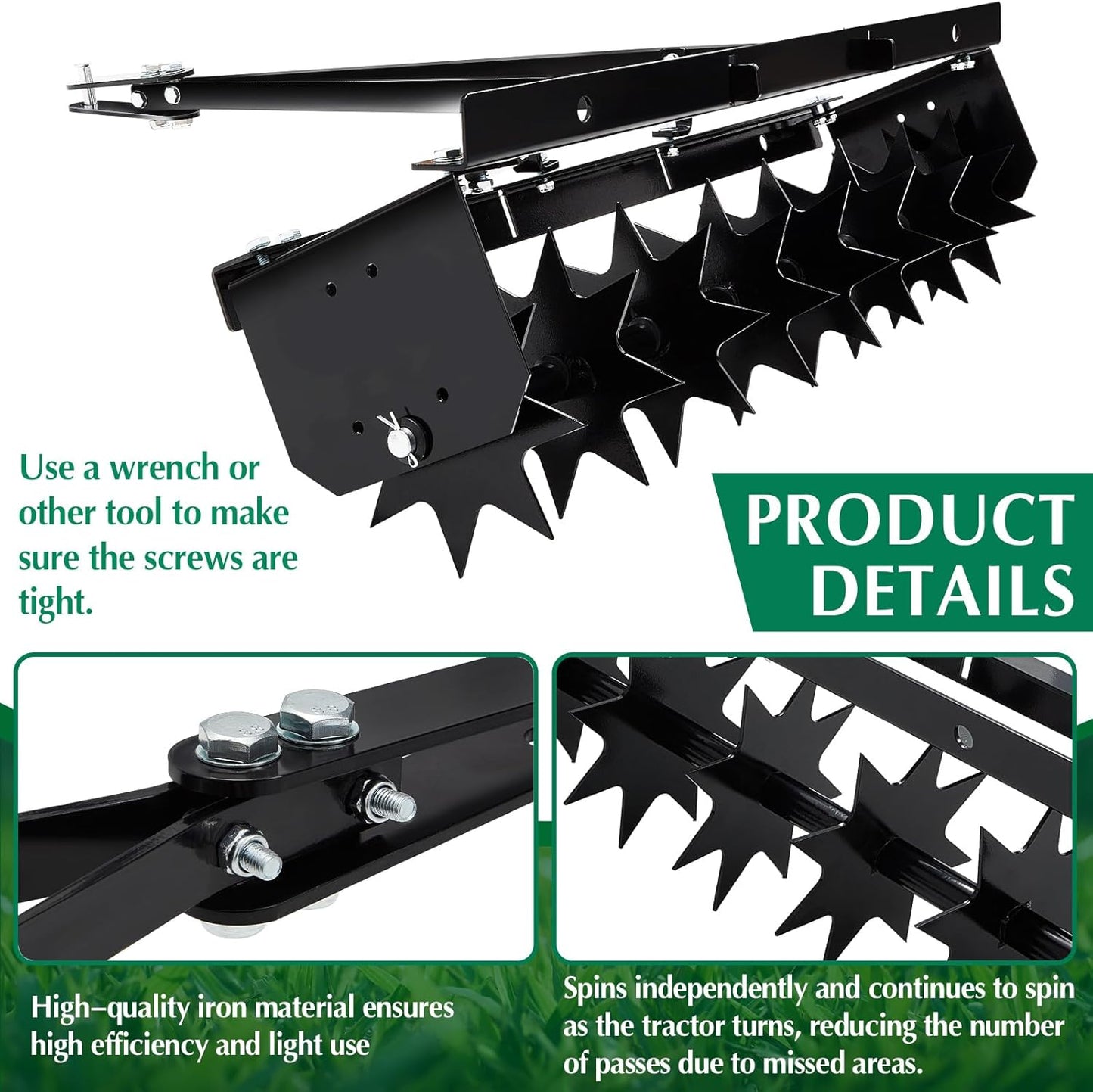 Lasnten 32 Inch Tow Behind Spike Aerator Soil Penetrator Spikes Tractor with Galvanized Steel Tines and Wide Tow Bar Black Lawn Aerator for Home Yard Farm Use