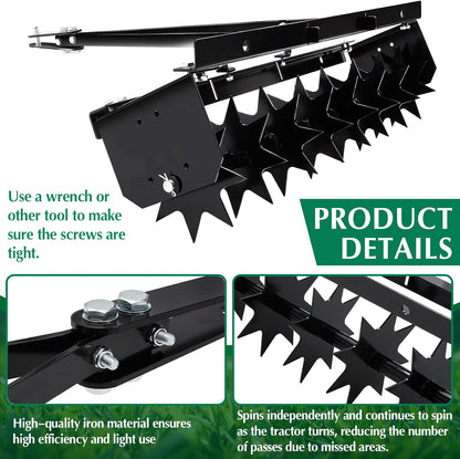 Lasnten 32 Inch Tow Behind Spike Aerator Soil Penetrator Spikes Tractor with Galvanized Steel Tines and Wide Tow Bar Black Lawn Aerator for Home Yard Farm Use
