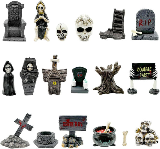 Halloween Miniature Figurines - 18Pcs Resin Ghost Tombstones Skull Heads Scene Ornaments Halloween Garden Accessories Mini Figurine Decorations for Outdoor Statues Home Village Crafts Decor