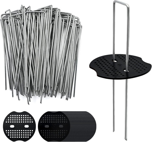 100 Pack 6 Inch Landscape Staples & 100pcs Fixing Gasket Sets, Garden Stakes Galvanized Steel Fabric Pins Heavy-Duty U Shape Sod Turf Pins for Ground Weed Fabric Barrier, Orchard, Yard, Tents