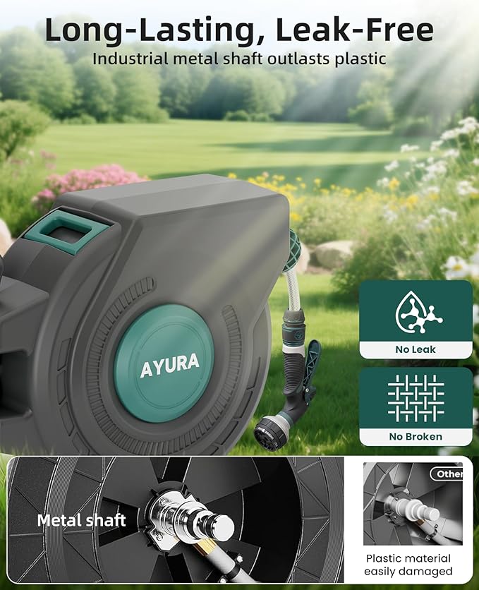AYURA Retractable Garden Hose Reel 100 ft x 1/2 inch with Pro Metal Shaft, Heavy Duty Automatic Garden Hose Reels with Kink-Free Rewind and Lock at Any Length, Wall Mount Water Hose Reel for Outside