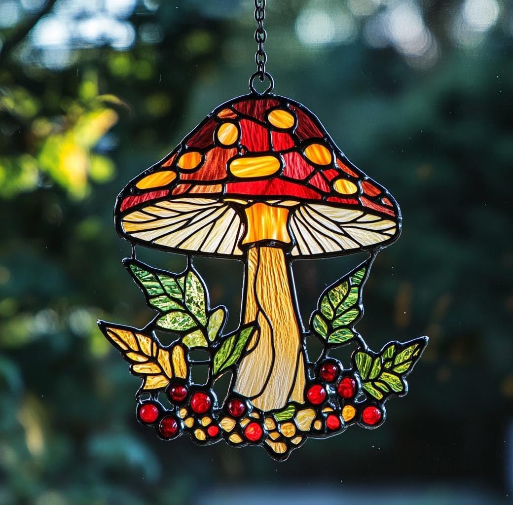 Mushroom and Crescent Moon Suncatcher Faux Stained Window Hanging Perfect Cottagecore Fall Gift Garden Home Decor Sun Catchers Indoor Windown Suncatchers for Windows Outdoor