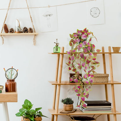 Artificial Hanging Potted Plants, Small Fake Purple Potted Plant Faux Ivy Vine Plant for Shelf Home Office Indoor Outdoor Garden Greenery Decor (Black Pot)