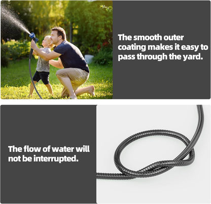 SPECILITE 75ft 304 Stainless Steel Garden Hose Metal, Heavy Duty Water Pipe with Nozzles for Yard, Outdoor - Flexible, Never Kink & Tangle, Puncture Resistant (Black)