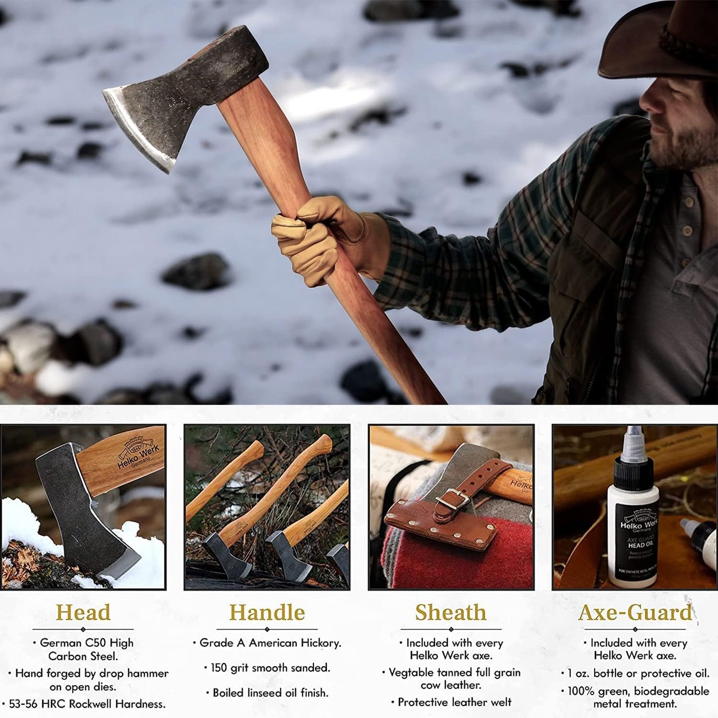 1844 Helko Werk Germany Traditional Bavarian Woodworker Axe - Made in Germany Heavy Duty Felling Axe and Cutting Axe, Large German Forest Axe - Head 3.5 lbs, Handle 31 in. (Bavarian) #13566