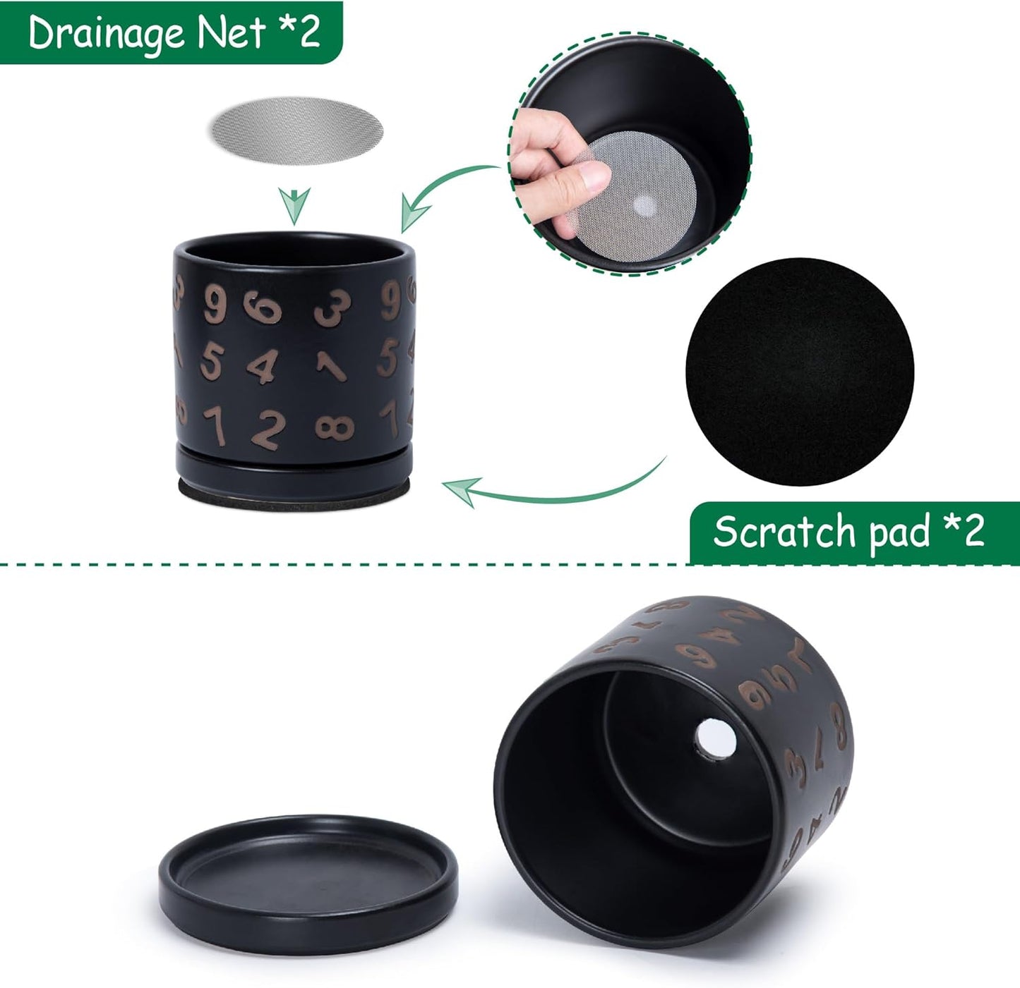 D'vine Dev Set of 2 Ceramic Planter Pots with Drainage Hole and Saucer, 4.5 Inch Plant Pots for Plants Indoor Houseplants, Black, 99-Z-B-2-V