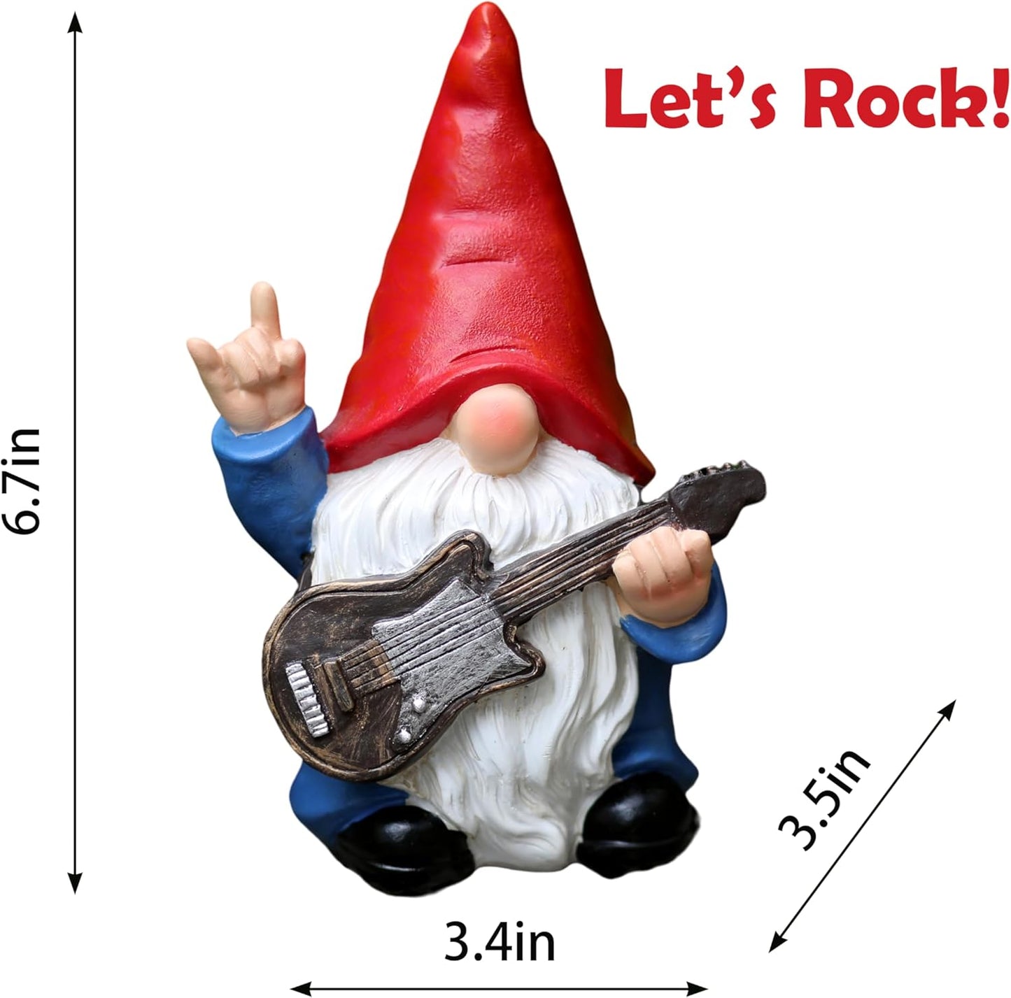 Garden Gnome with Guitar 7.1“ Figurine Ornament for Indoor Outdoor Home Patio Yard Lawn, Red Hat, Blue Outfit, Indoor Outdoor Decorative Statue