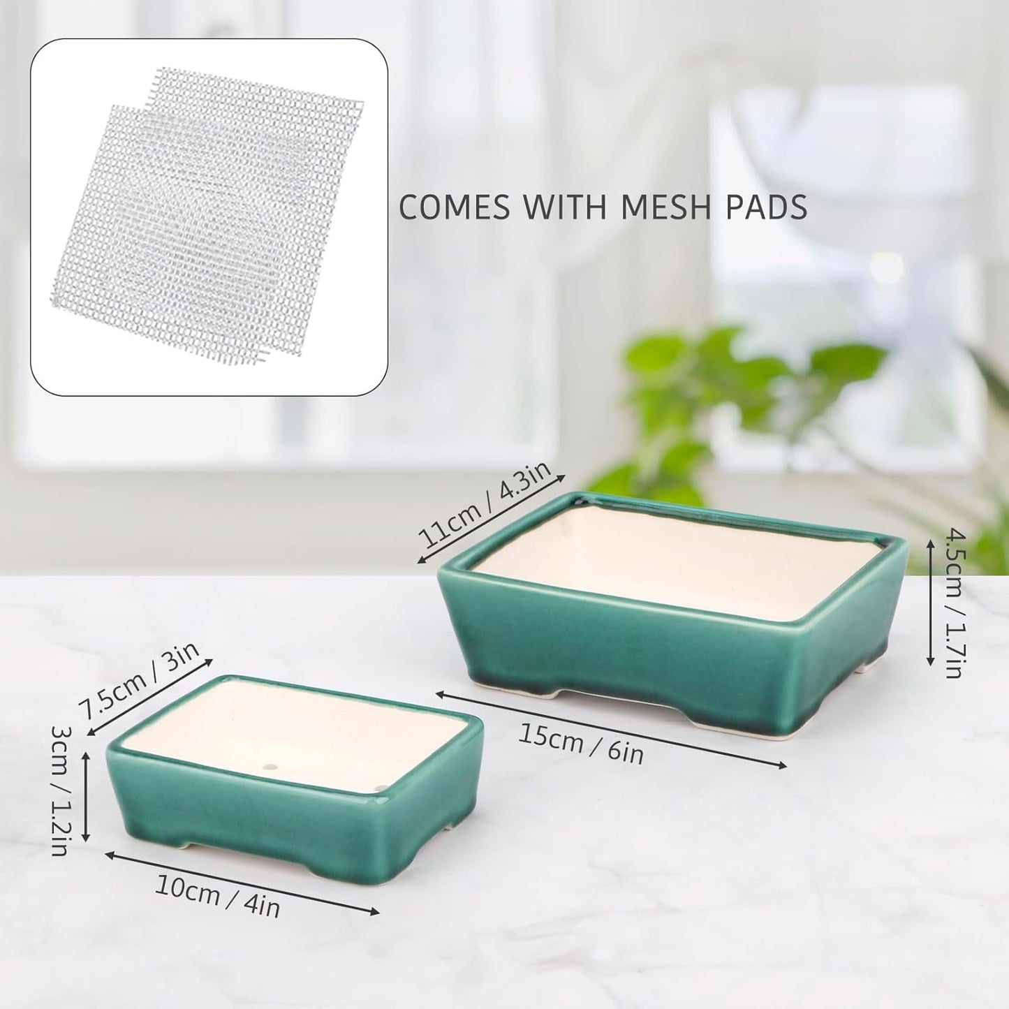 Set of 2 Zisha White Clay Bonsai Pot Glazed Shallow Succulent Planter Green