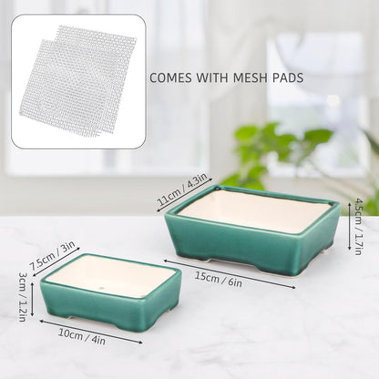 Set of 2 Zisha White Clay Bonsai Pot Glazed Shallow Succulent Planter Green