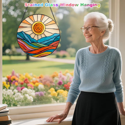 Stained Glass Window Hanging – Sunrise Sun Catcher Round Diamond Glass Panel, Abstract Ocean Window Decor, Suncatchers for Windows Hanging Gift for Women & Mom (12 Inch)