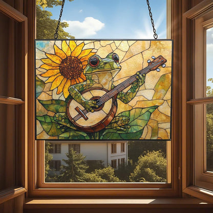 Customized Rectangle Boho Frog Playing Banjo Stained Glass Window Hanging Suncatcher Stained Glass Home Decor Garden Halloween Christmas Party Wedding Housewarming Gifts