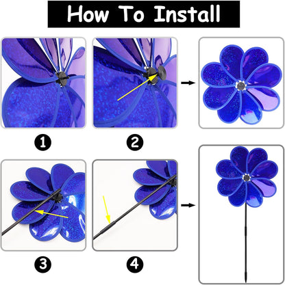4PCS Flower Wind Spinner Sparkly Lawn Pinwheel 11.8 inch Dark Blue Garden Windmill for 4th of July, Garden, Party, Outdoor, Yard Decor