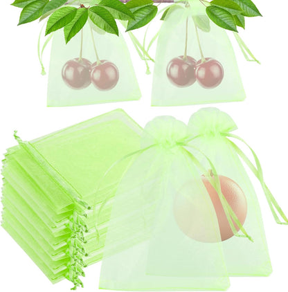 CHRORINE 60Pcs Fruit Protection Bags 8×12 Inch, Fruit Netting Mesh Bags for Fruit Trees, Reusable Garden Netting Bags with Drawstring, Light Green