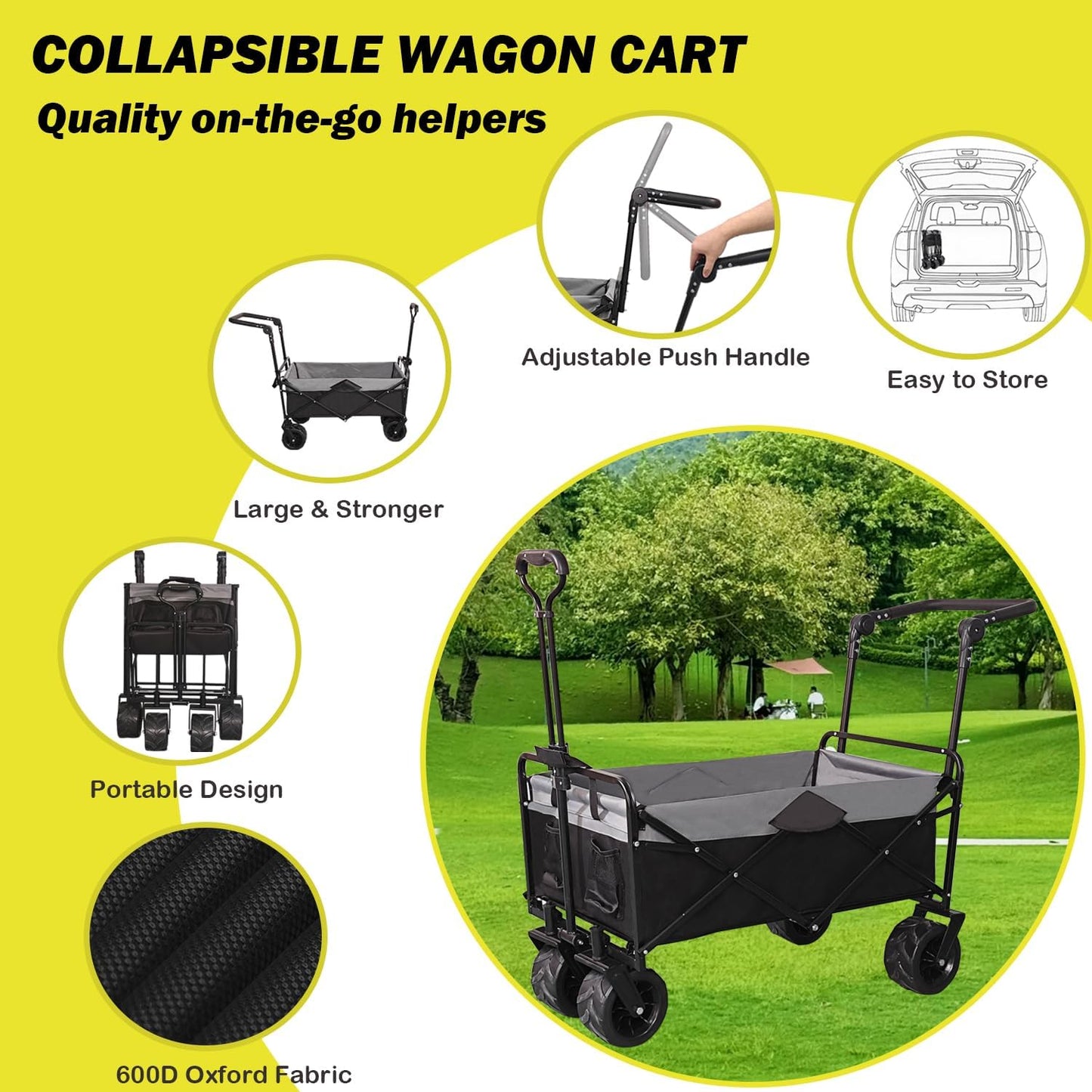 Collapsible Folding Wagon with Extra Push Pull Handle, Heavy Duty Utility Cart with Big All-Terrain Beach Wheels, Large Capacity Folding Garden Wagon for Shopping, Beach, Sports, Outdoor