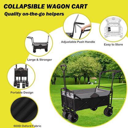 Collapsible Folding Wagon with Extra Push Pull Handle, Heavy Duty Utility Cart with Big All-Terrain Beach Wheels, Large Capacity Folding Garden Wagon for Shopping, Beach, Sports, Outdoor