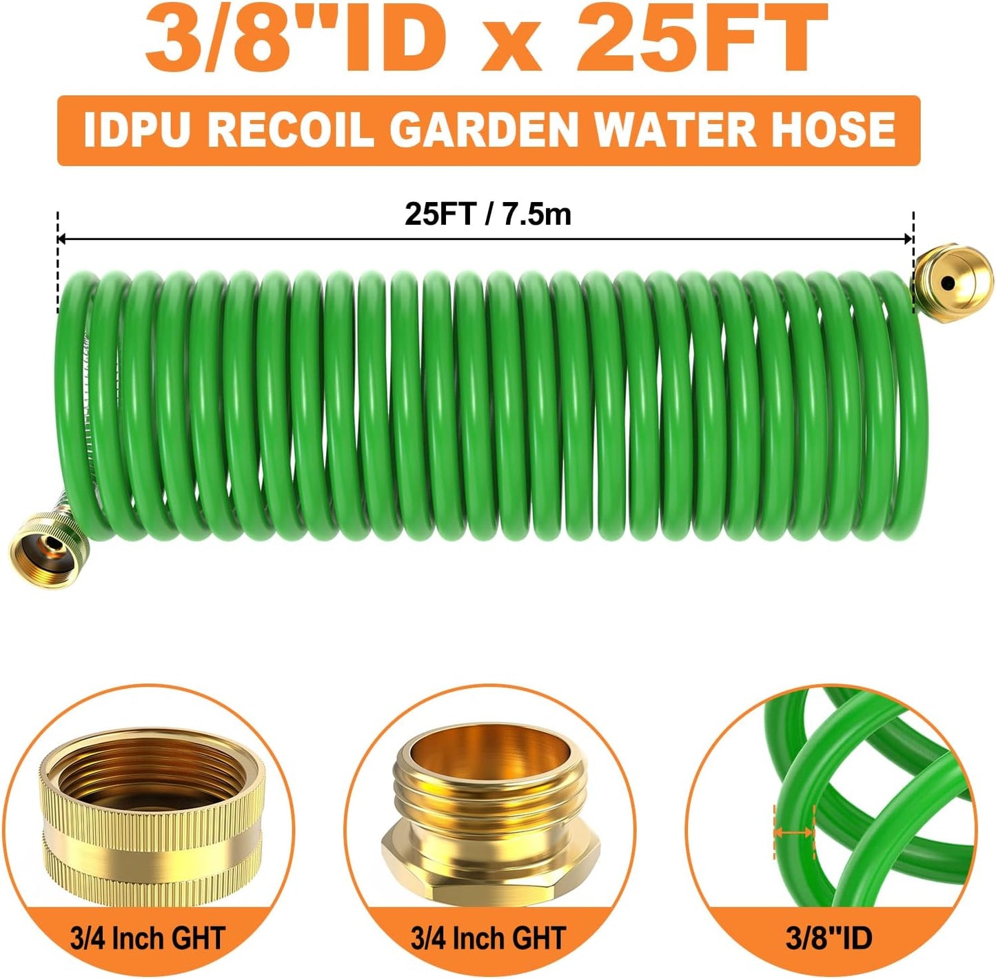 GASHER 25FT PU Recoil Garden Water Hose with 3/4"Inch Brass Fittings Retractable, Swivel Female for Boating, Pool & Spa, RV, Home and Garden（Green)