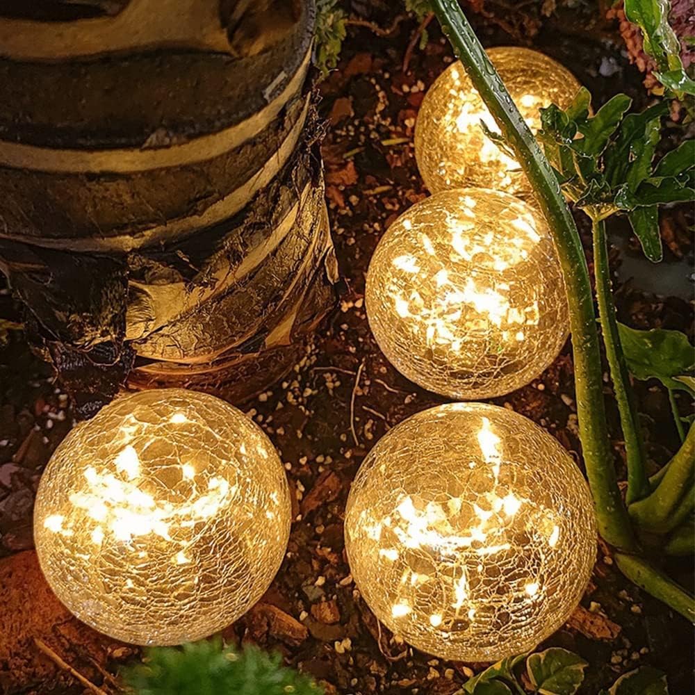 TOMEX 4 Pack Solar Garden Lights, Cracked Glass Ball Waterproof Warm White LED for Outdoor Decor Decorations Pathway Patio Yard Lawn, 4 Pack (3.9")