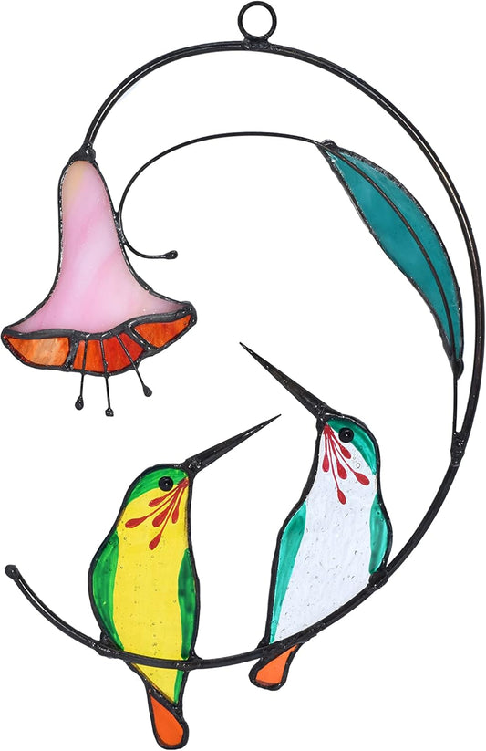 Lolitarcrafts Hummingbird with Flower Stained Glass Suncatcher Bird Stained Glass Window Hangings