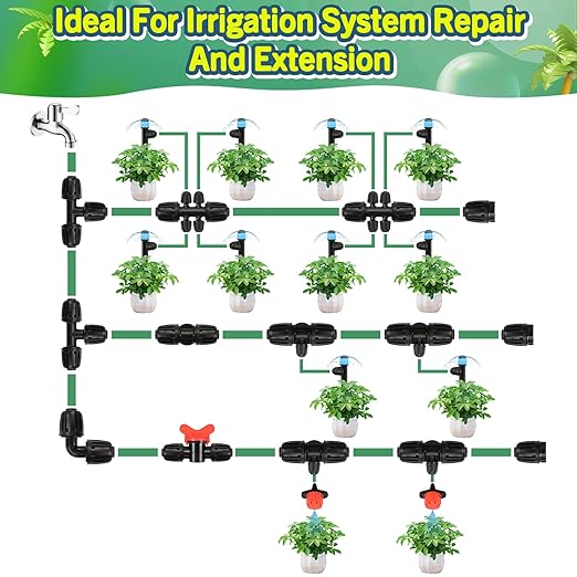 22 Pack Drip Irrigation Fittings Kit for 1/2 Inch Drip Tubing(1/2" ID x 0.65" OD), Anti-Drop Barbed 1/2'' Drip Line Connectors Include 3 Tees 3 Valves 2 Elbows 4 Plugs 5 Reducers 5 Emitters