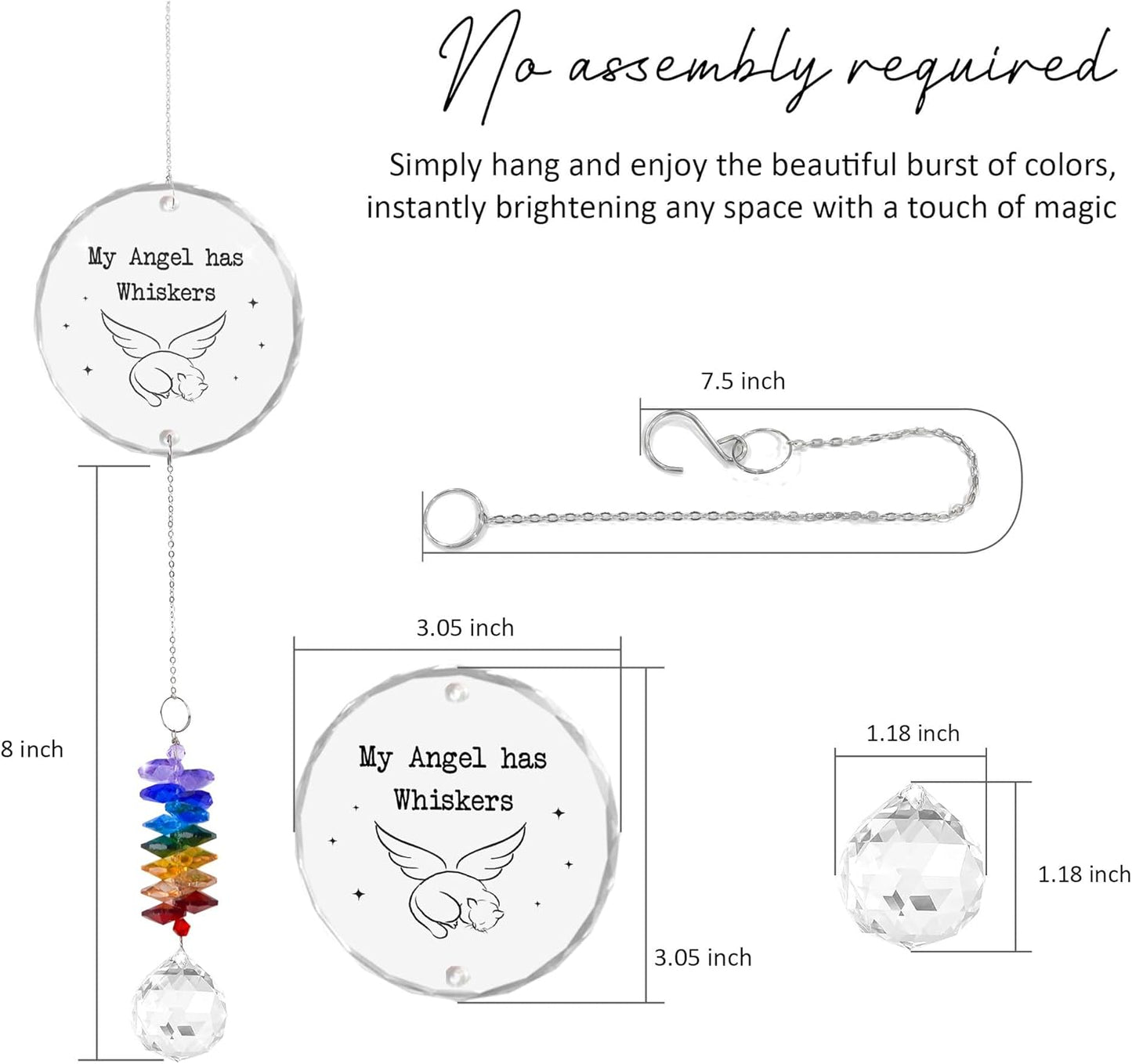 Glass Ornament Suncatcher - My Angel HAS Whiskers - Cats Memorial Sympathy Gift - Crystal Rainbow Maker for Cat Lover - Bereavement Keepsake - Daily Remembrance - Hanging Home Garden Decor