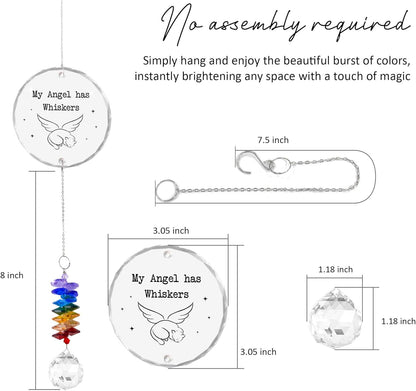 Glass Ornament Suncatcher - My Angel HAS Whiskers - Cats Memorial Sympathy Gift - Crystal Rainbow Maker for Cat Lover - Bereavement Keepsake - Daily Remembrance - Hanging Home Garden Decor