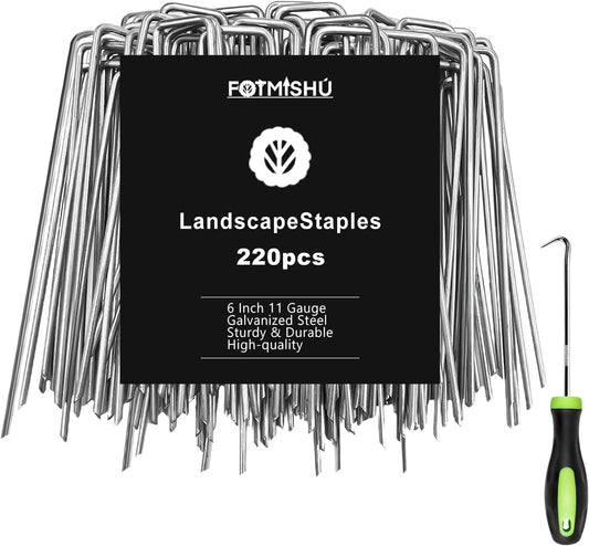 FOTMISHU Landscape Staples 6 Inch 220Pcs Garden Stakes, Galvanized Lawn Pins Spray Coating Yard Ground Spikes, U-Type Staples for Weed Barrier Anchoring Outdoor Tents Hoses