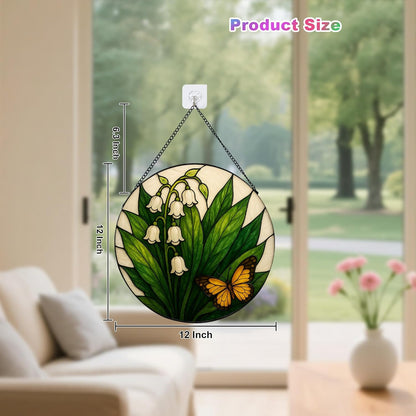 Lily of The Valley & Butterfly Stained Glass Suncatcher - Exquisite Sun Catchers for Windows with Metal Chain — Unique Window Decor, Stained Glass Window Hanging, Thoughtful Gift for Mom (12 Inch)