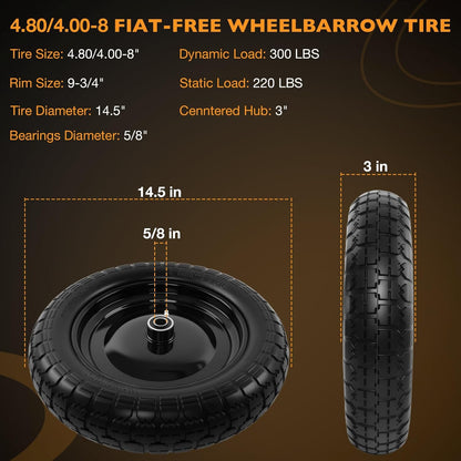 HQPASFY 2 Pack 14.5" Flat Free Tire 4.80/4.00-8 Wheelbarrow Tire and Wheel, 3" Centered Hub, 5/8" & 3/4" Bearings Replacement for Wheelbarrows, Garden Carts, Dump Carts, Lawn Equipment
