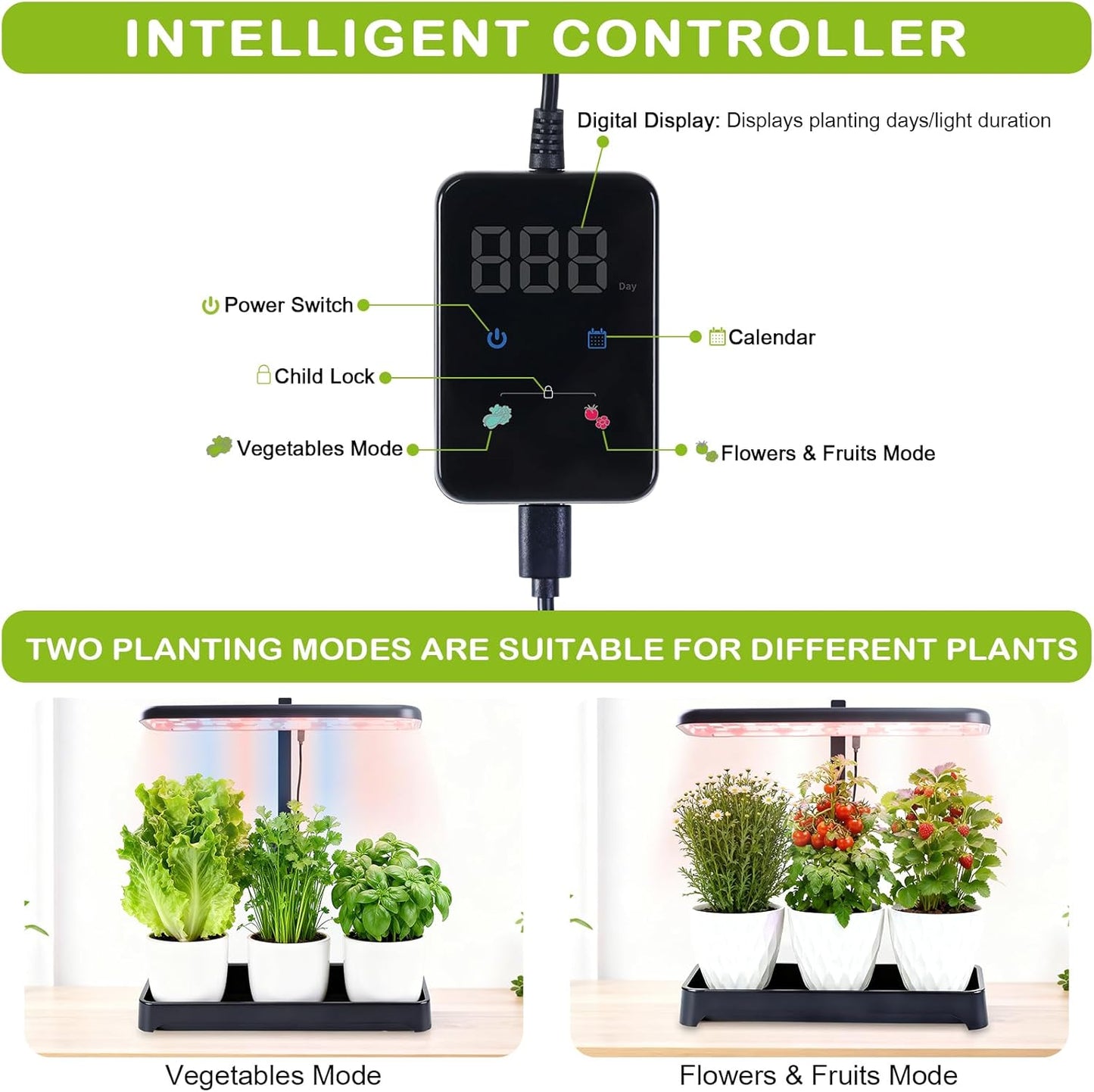Indoor Garden Led Grow Light, Herb Kitchen Garden Grow Kit, Full Spectrum LED Plant Light for Plants, Height Adjustable Growing Lamp with Intelligent Controller (Not Pots) (Black, 16.5*6.5*4 inch)