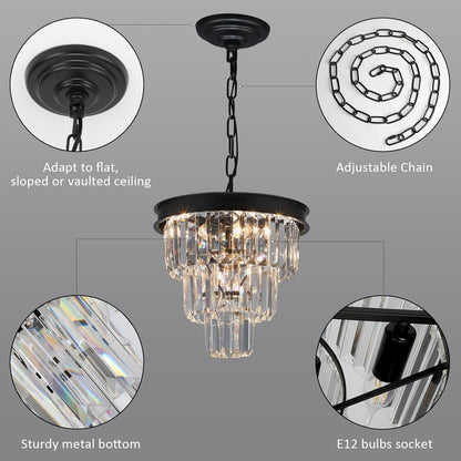 Crystal Chandeliers for Dining Room Light Fixtures Over Table，4-Lights Modern Black Crystal Pendant Lighting Fixture，3 Tiers Small Chandeliers for Kitchen Island Bedroom Entryway D12 Inch