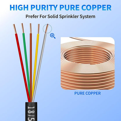 18/5 Solid Sprinkler System Wire 50ft, 18 Gauge Irrigation Wires PVC Jacket Sprinkler Cable for Underground Irrigation Valves Field Central Control System