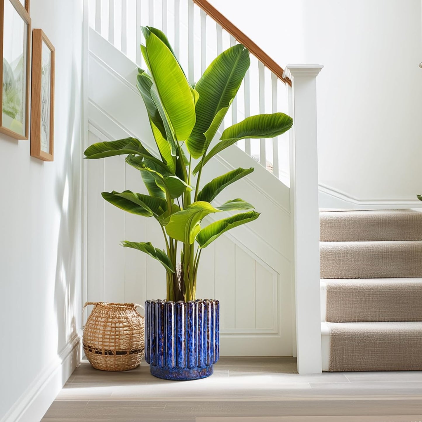 Ceramic Planter - 9.6 Inch Ceramic Plant Pots Indoor Outdoor, Round Flower Pots with Drainage Hole, Large Fluted Modern Planter, Room Home Bedroom Decor, Plant Lover Gifts, Blue