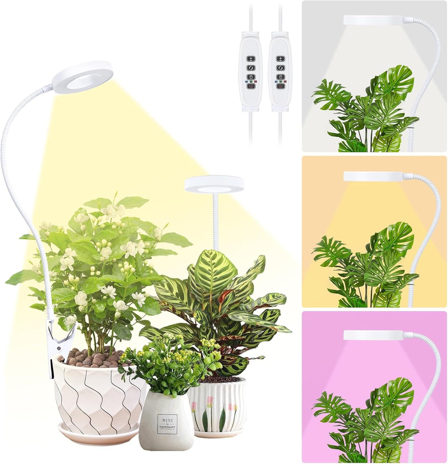 Clip on Grow Lights for Indoor Plants, 96 LEDs Full Spectrum Plant Light with Auto On/Off Timer (4/8/12H), 3 Light Modes, 10-Level Dimmable for Succulents, Small Plants (White, 2 Pack)