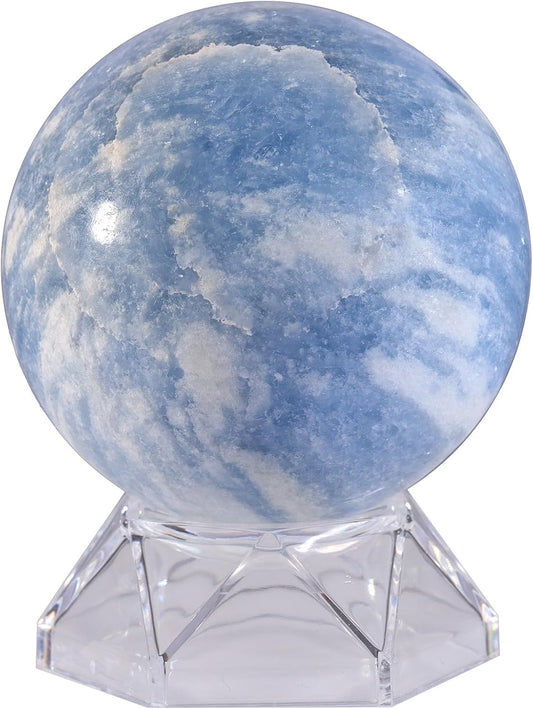 Natural Blue Celestite Crystal Ball with Acrylic Display Base, 61-70mm Polished Stone Feng Shui Crystal Sphere Meditation Decoration for Home & Office