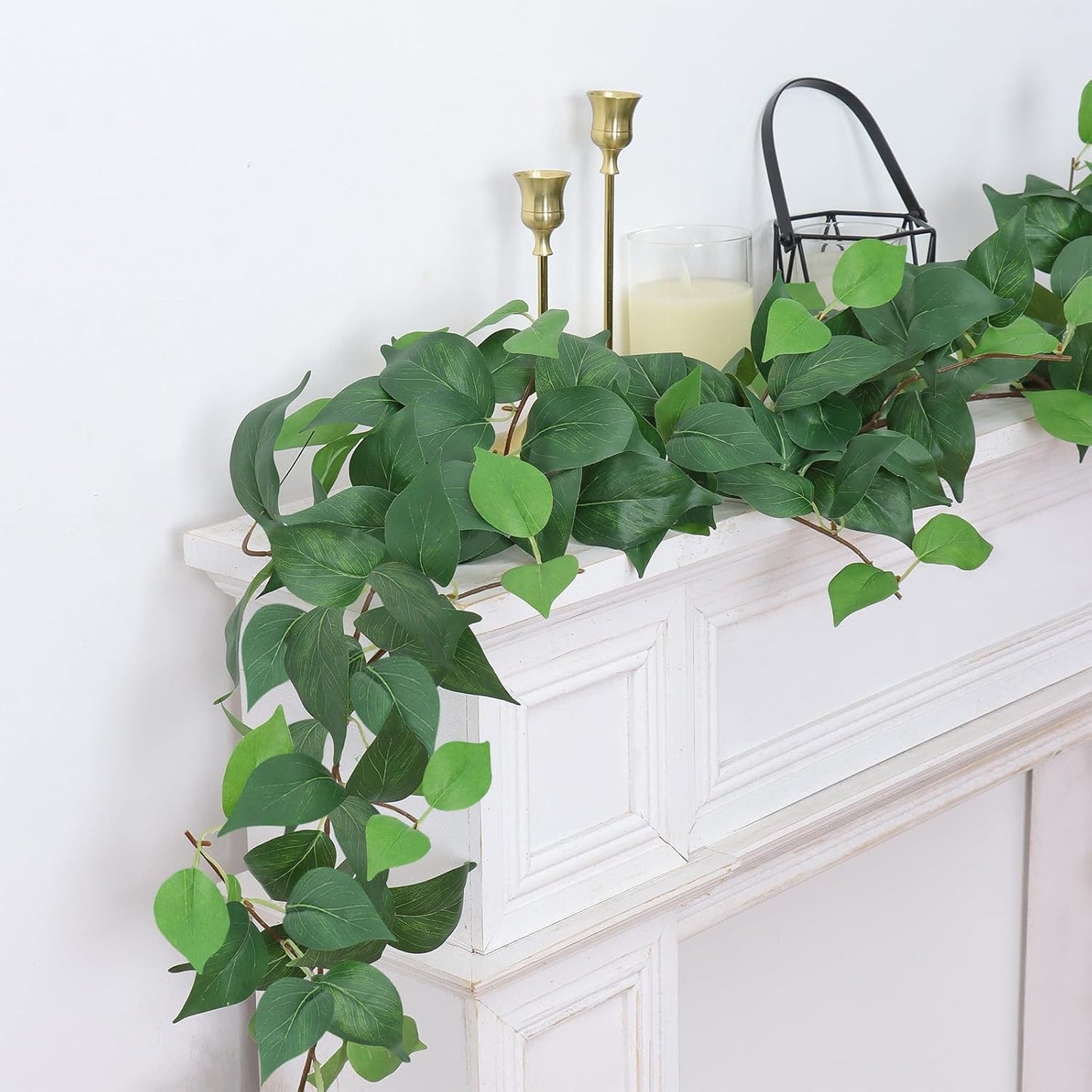 Dremisland 2 Strands Artificial Scindaps Vines Garland 6.7ft Fake Vines Ivy Garland Silk Green Leaves Faux Hanging Plants Greenery Decoration for Bedroom Wall Patio Party Wedding Decor (Ivy, 2PCS)