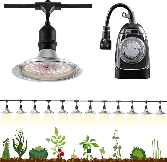 Espird Outdoor LED Grow Light with Timer, 12-Light Full Spectrum Grow Light Strip, Waterproof Plant Lamps, UL Certified String Grow Lights for Greenhouse Garden, 41FT Light for Veg Seedling Flower
