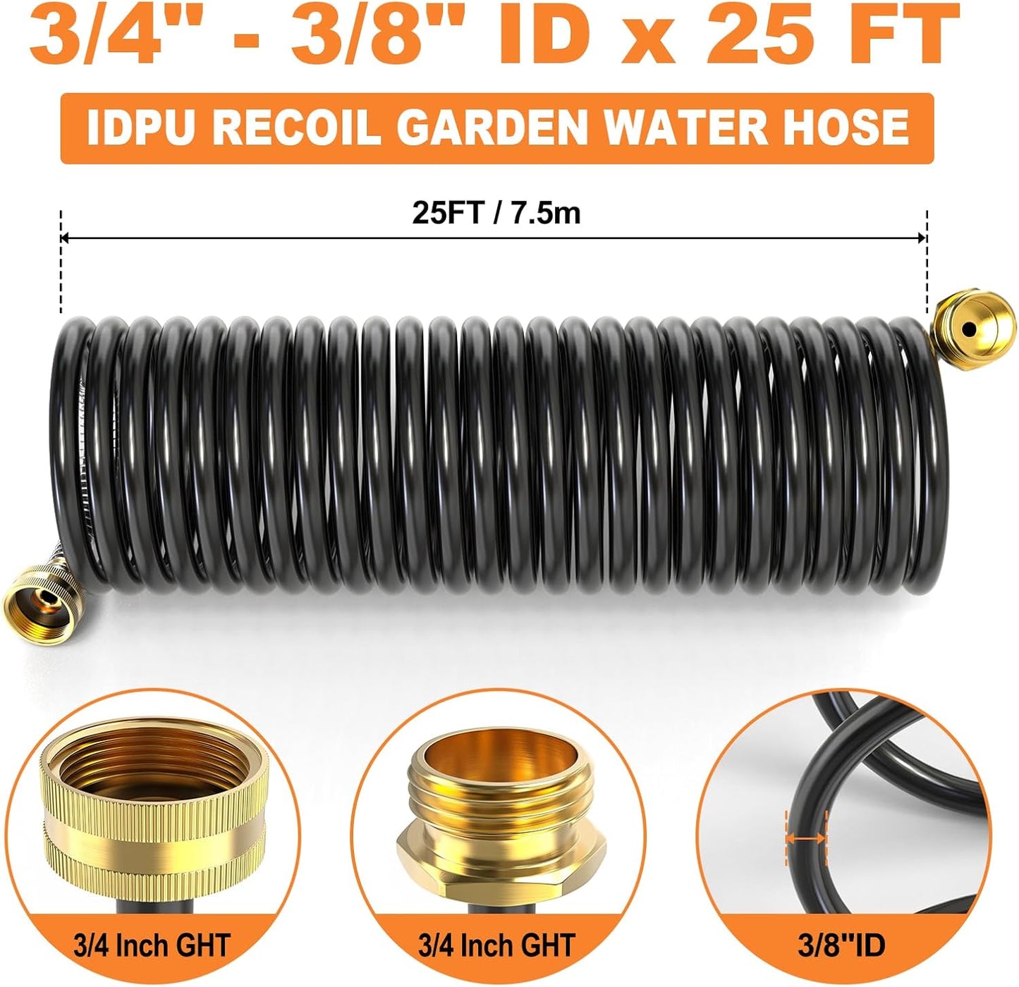 GASHER 25FT x 3/8" Coil Garden Hose, Expandable Garden Hose with 3/4" Brass Connector, Watering Hose Includes 8 Patterns Spray Nozzle for Outdoors Lawn Watering Car Washing